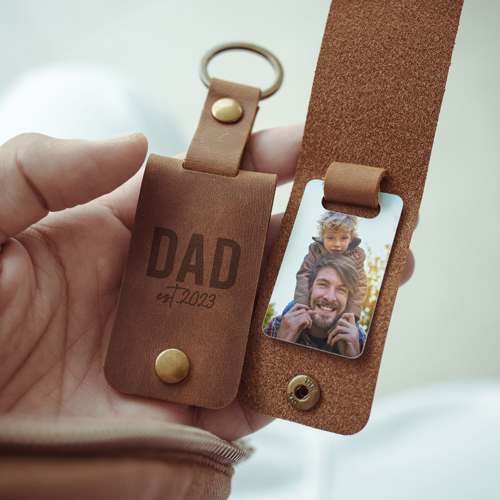 Daddy Hubby Hero - Leather Engraved Keyring With Photo Inside - GOTShirts
