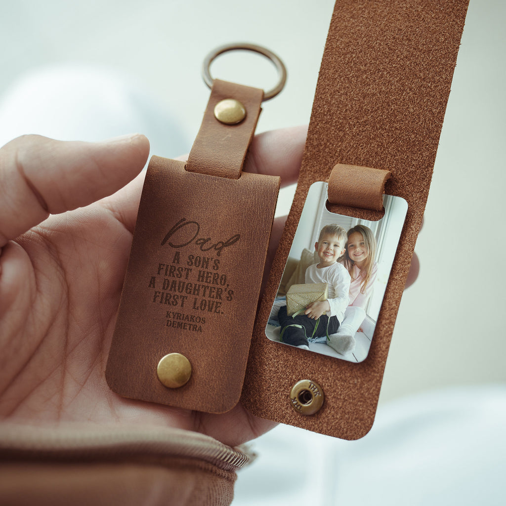 A Son's First Hero, A Daughter's First Love - Leather Engraved Keyring With Photo Inside - GOTShirts