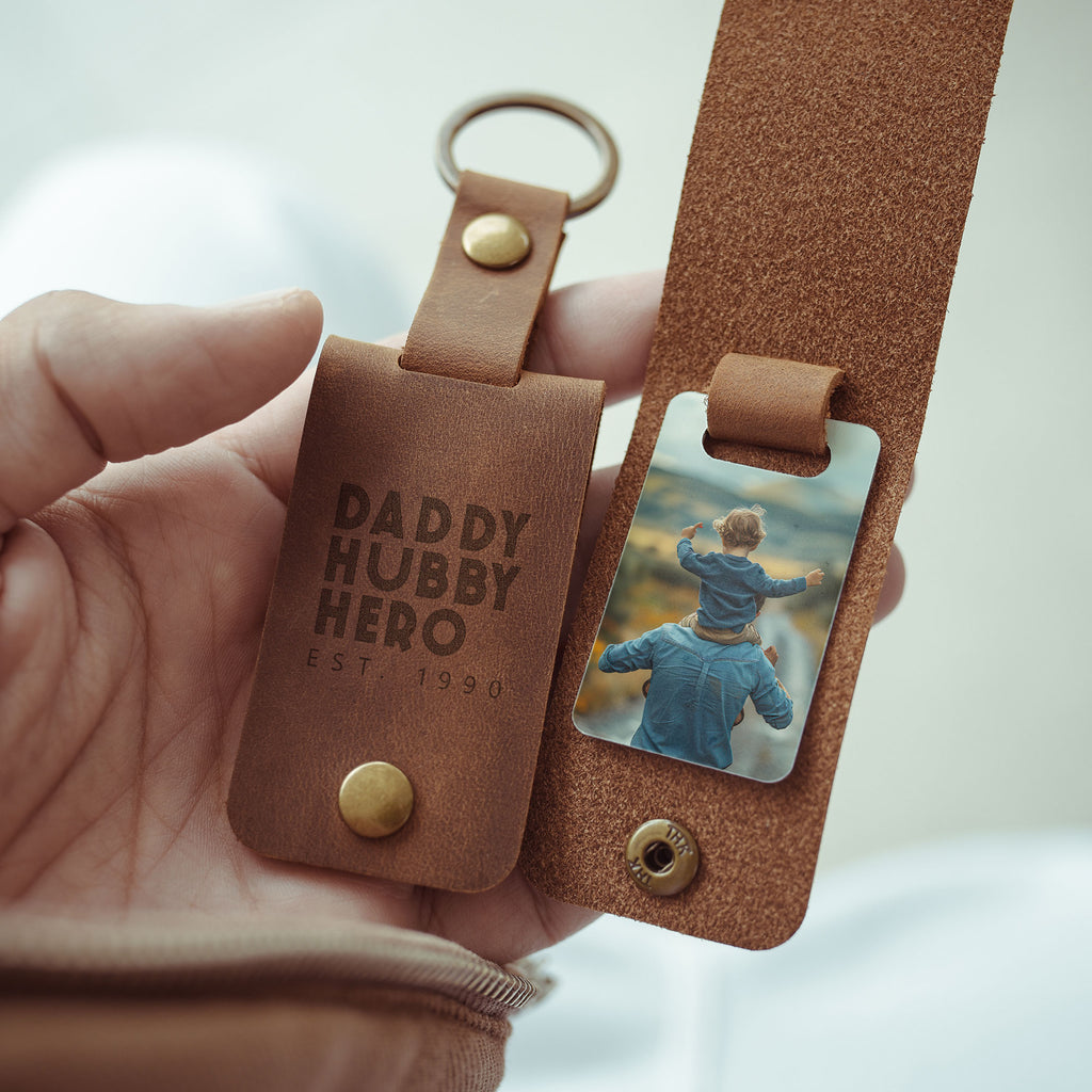 Daddy Hubby Hero - Leather Engraved Keyring With Photo Inside - GOTShirts