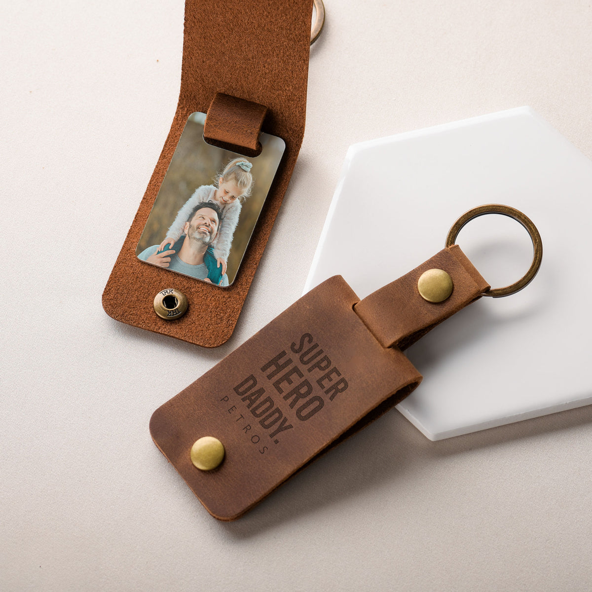 Super Hero Daddy - Leather Engraved Keyring With Photo Inside - GOTShirts