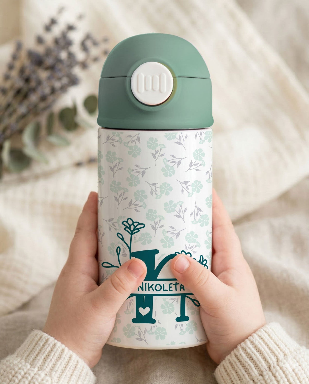 Spring Initial & Name Petrol - Double Wall Bottle & Pouch Gift Set - GOTShirts
