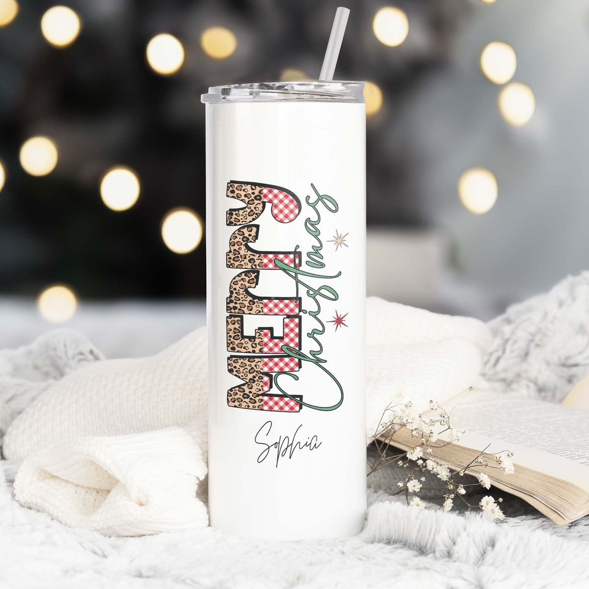Merry Christmas Animal Print - Stainless Steel Skinny Tumbler With Straw - GOTShirts