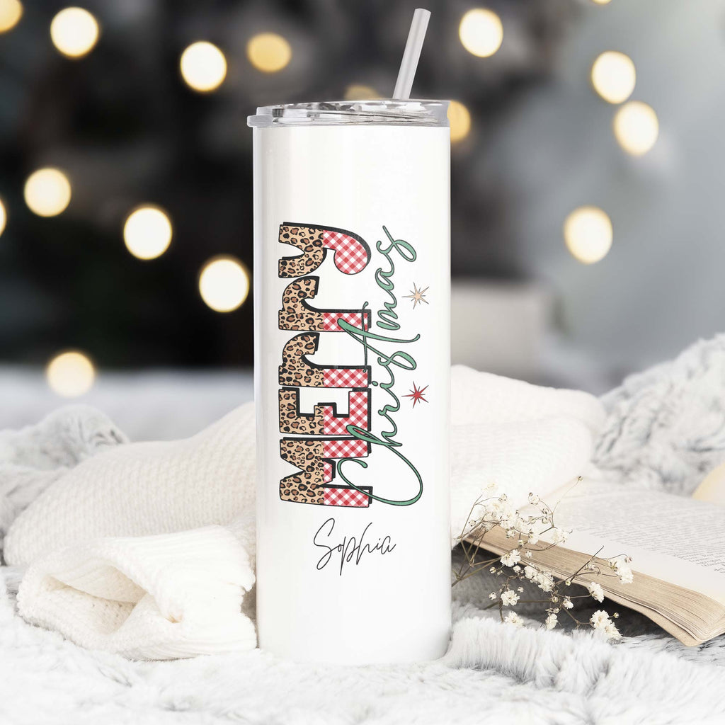 Merry Christmas Animal Print - Stainless Steel Skinny Tumbler With Straw - GOTShirts