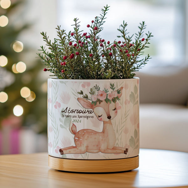 Ceramic Flower Pot With Bamboo Base