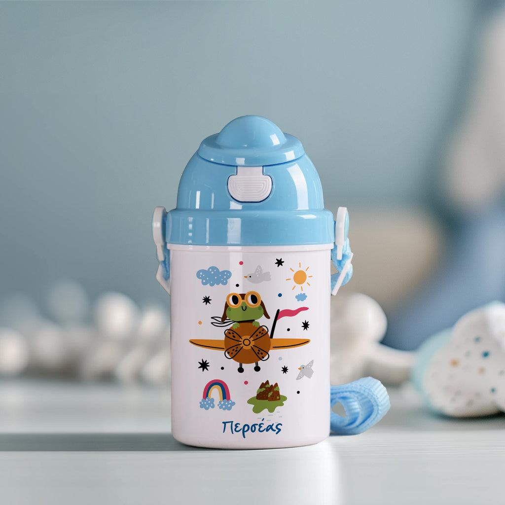 Frog In A Plane - Plastic Colored Water Bottle - GOTShirts