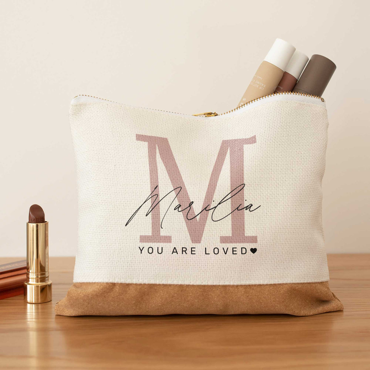 You Are Loved - Linen Makeup Bag With Cork - GOTShirts