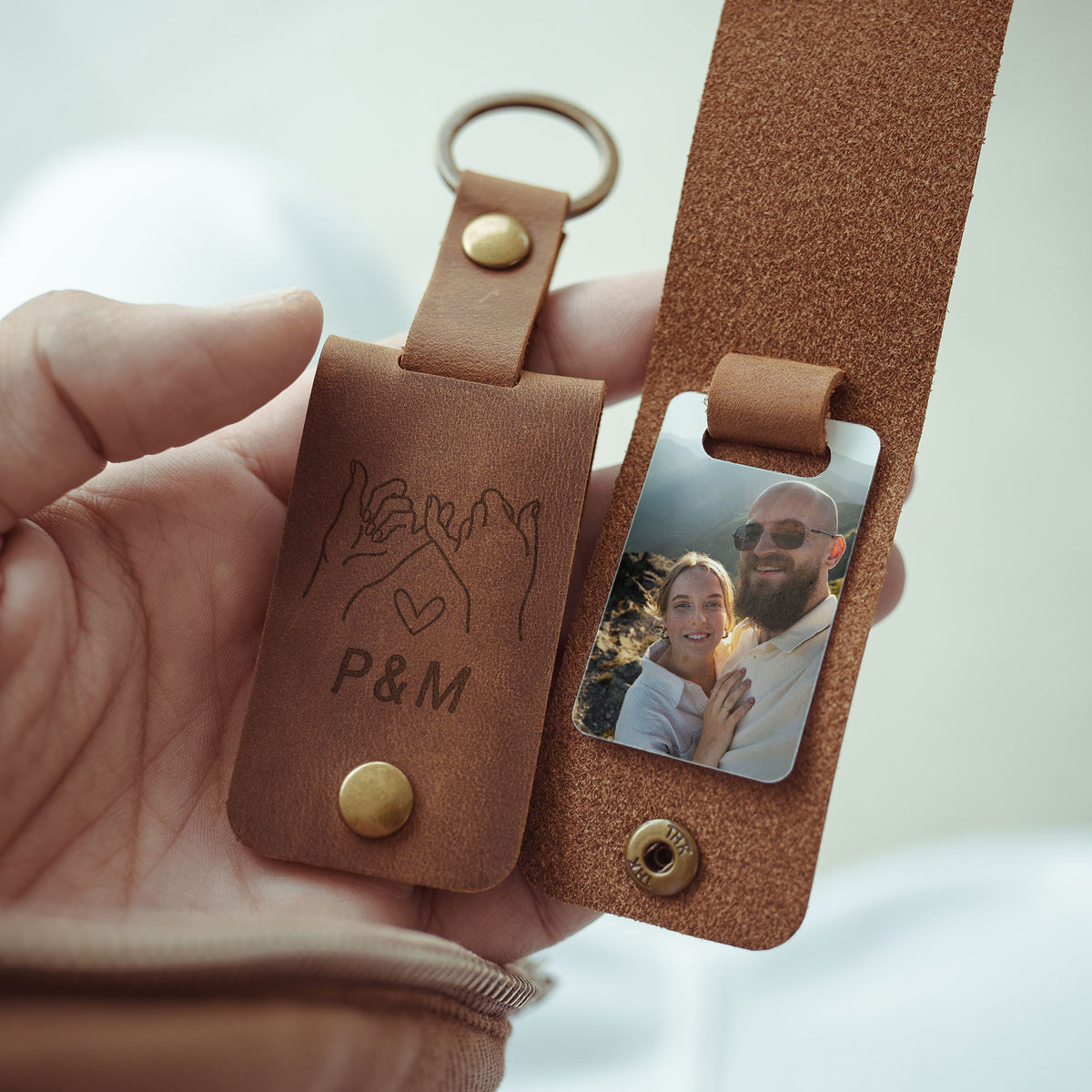 Couple Initials - Leather Engraved Keyring With Photo Inside - GOTShirts