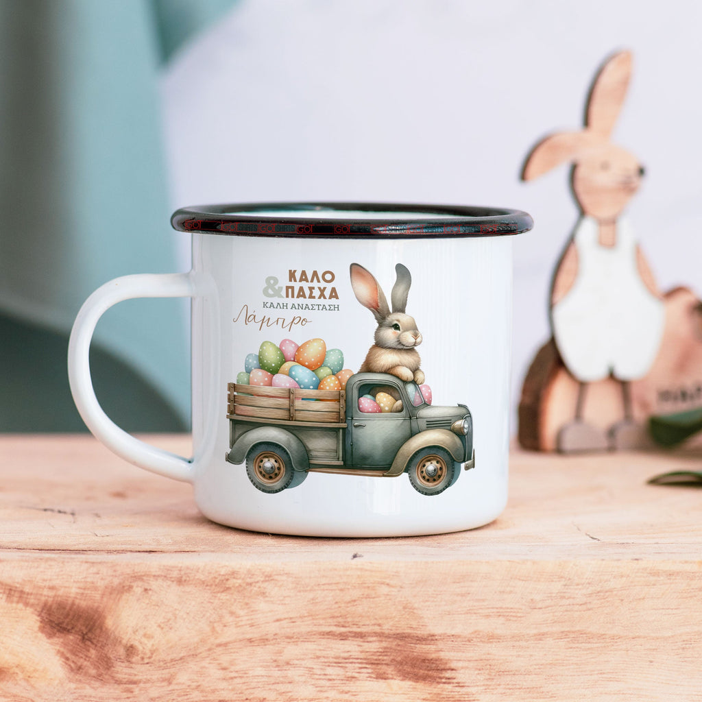 Vintage Car Bunny - Stainless Steel Enamel Mug - GOTShirts