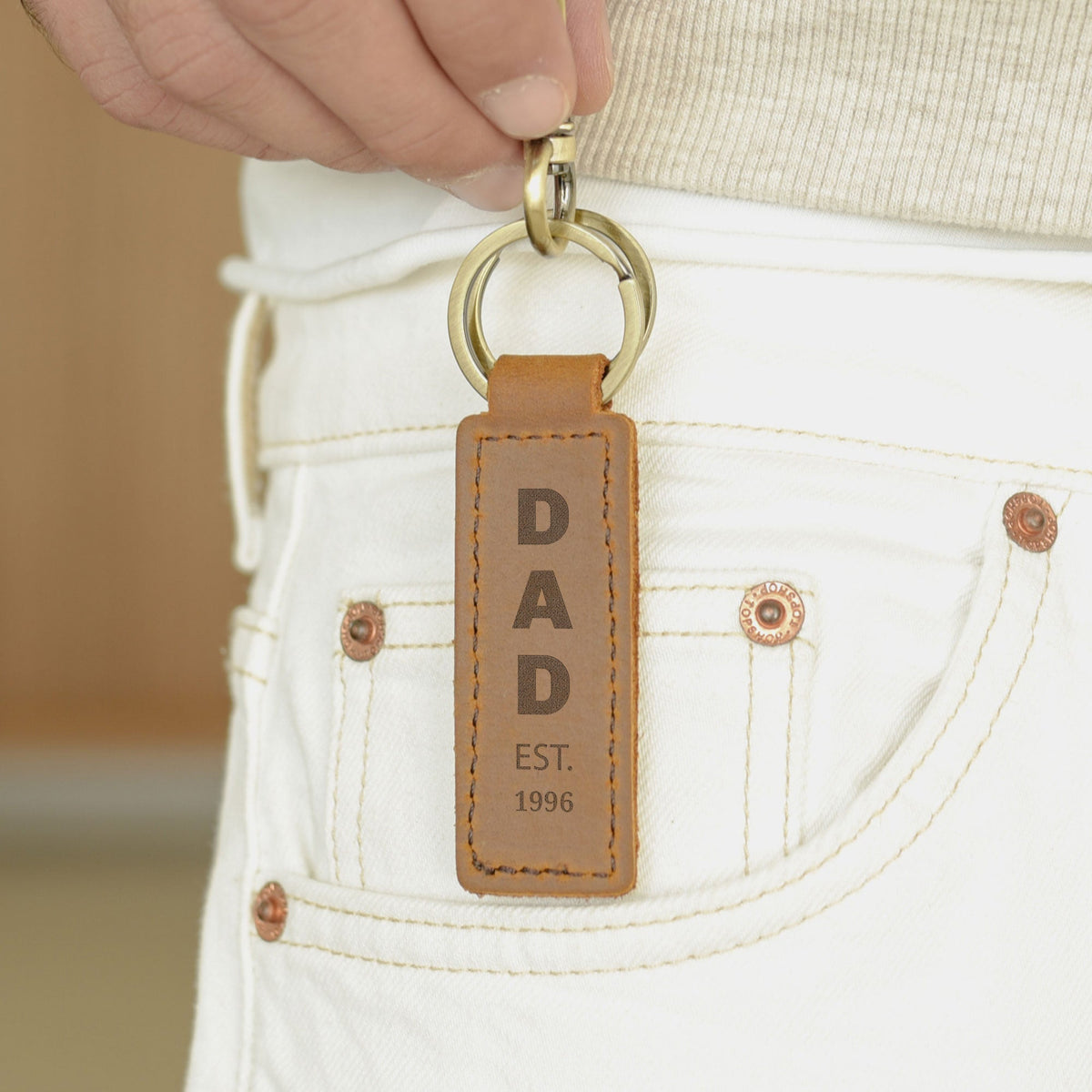 Dad Est. - Engraved Leather Keyring - GOTShirts