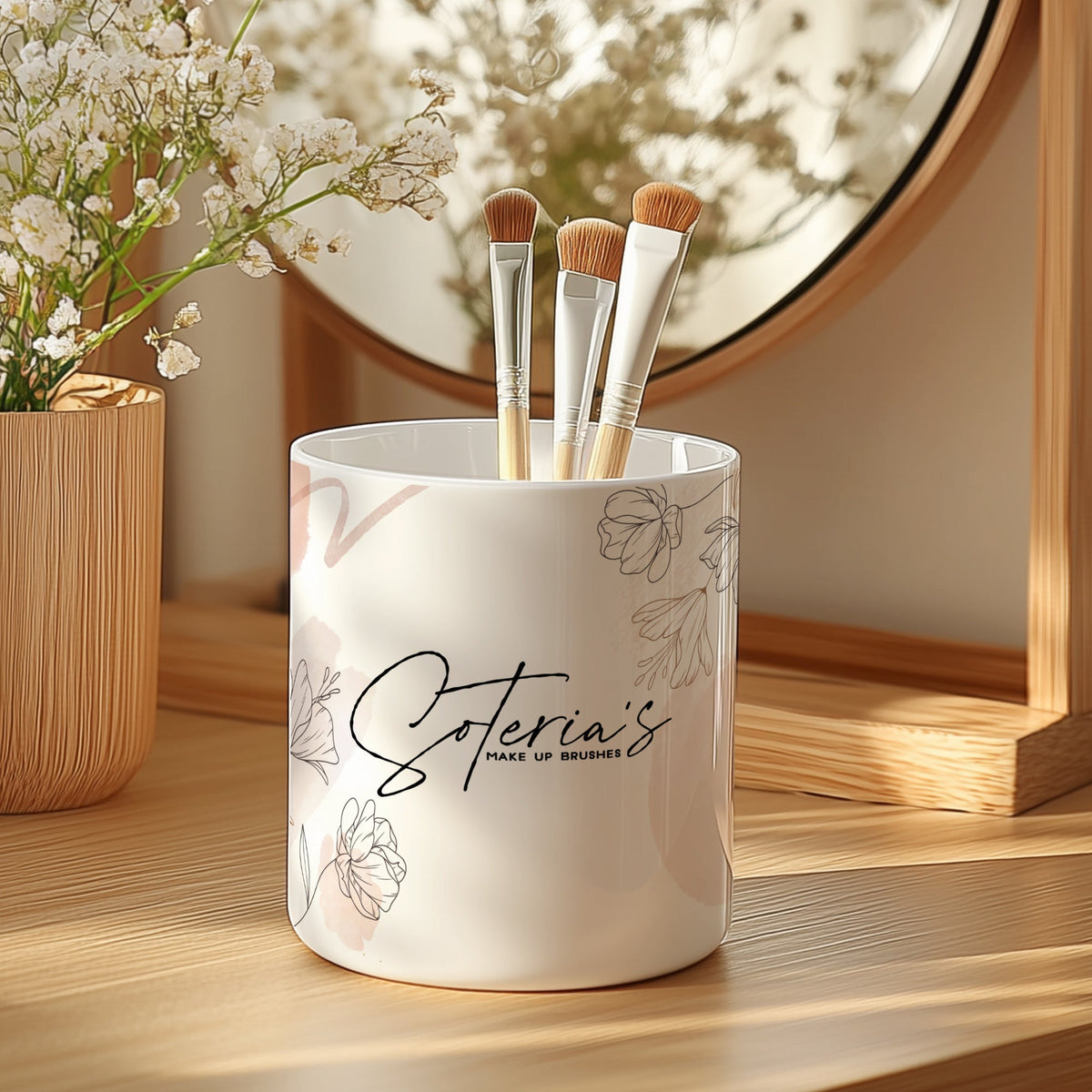 Line Art Flowers - Ceramic Make Up Brush Holder - GOTShirts