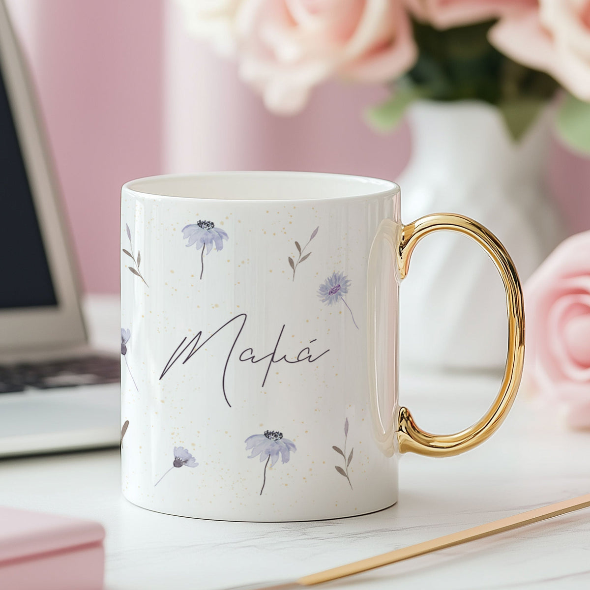 Purple Flowers - Ceramic Gold Handle Mug - GOTShirts