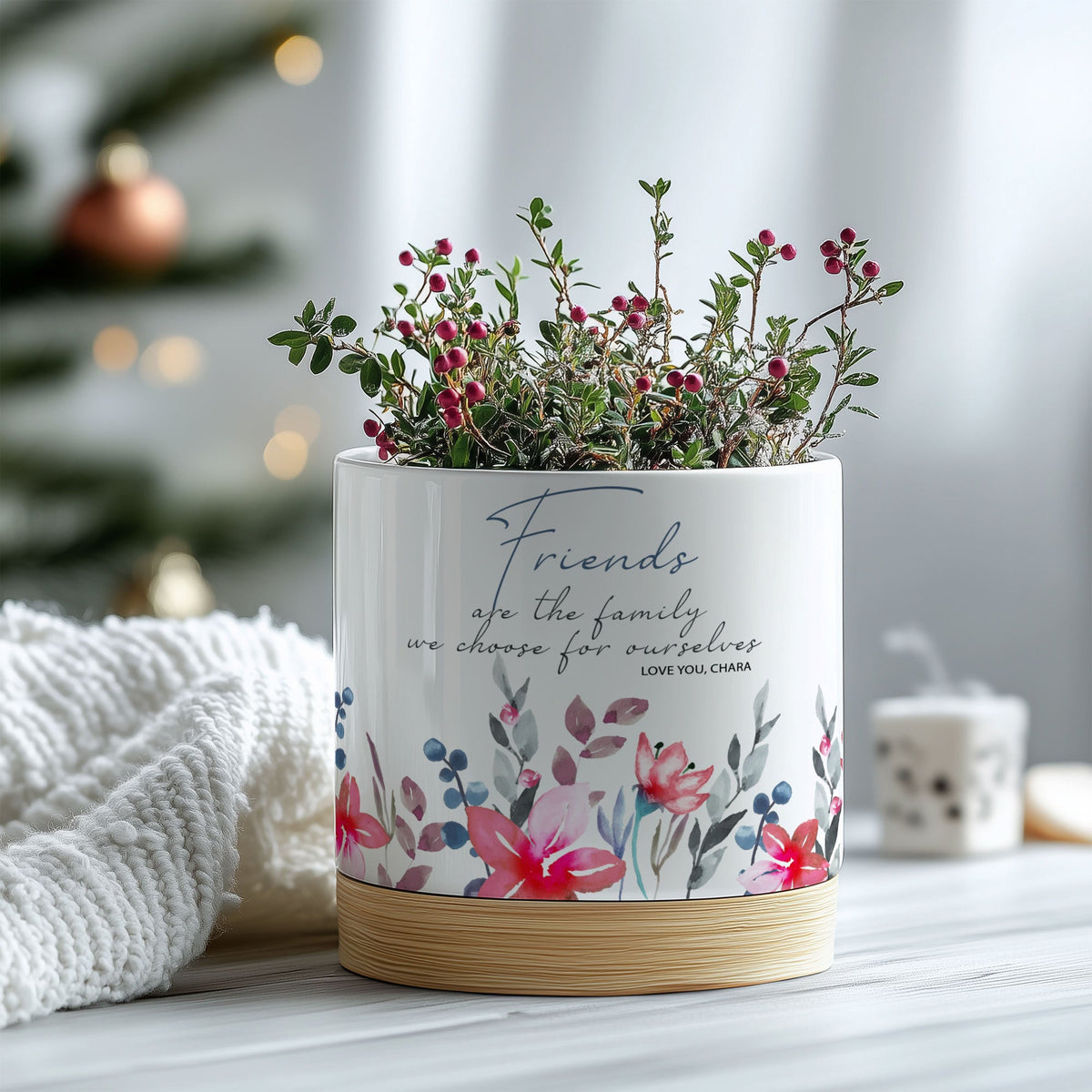 Ceramic Flower Pot With Bamboo Base