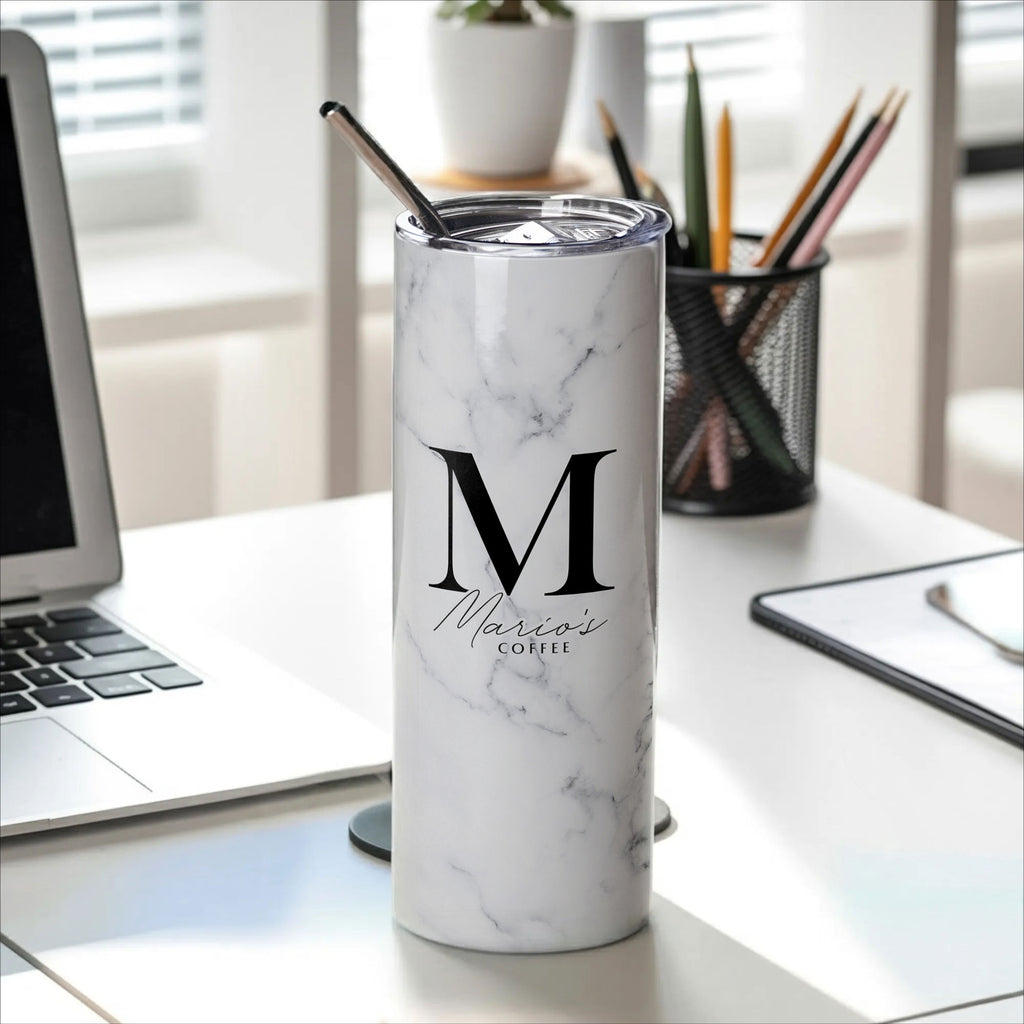Gray Marble - Stainless Steel Skinny Tumbler With Straw - GOTShirts
