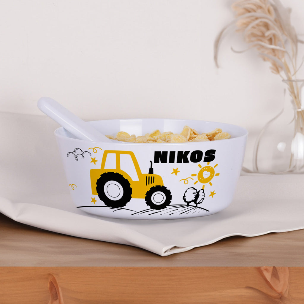 Personalized Plastic Bowl - Yellow Tractor - GOTShirts