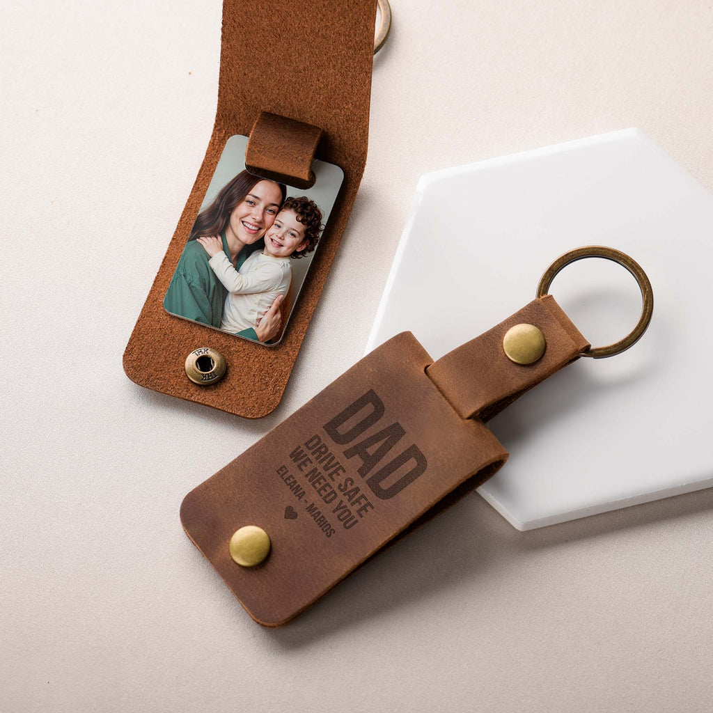 Drive Safe - Leather Engraved Keyring With Photo Inside - GOTShirts