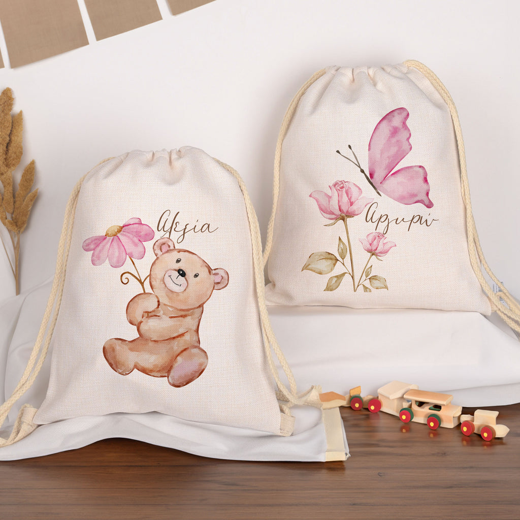 Cute Bear and Butterfly - Drawstring Bag Linen