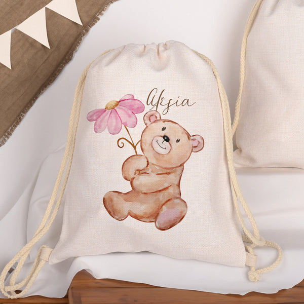 Cute Bear and Butterfly - Drawstring Bag Linen - GOTShirts