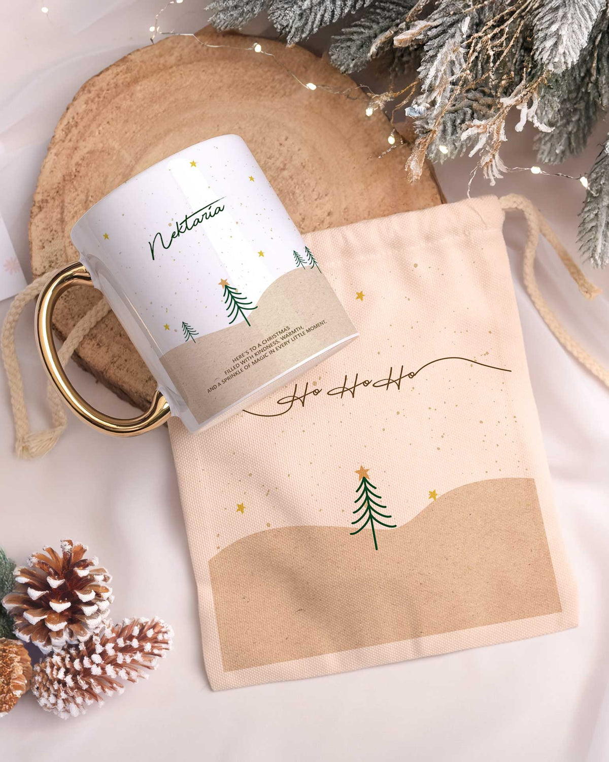 Ho Ho Ho - Gold Handle Mug & Linen Pouch Set - GOTShirts
