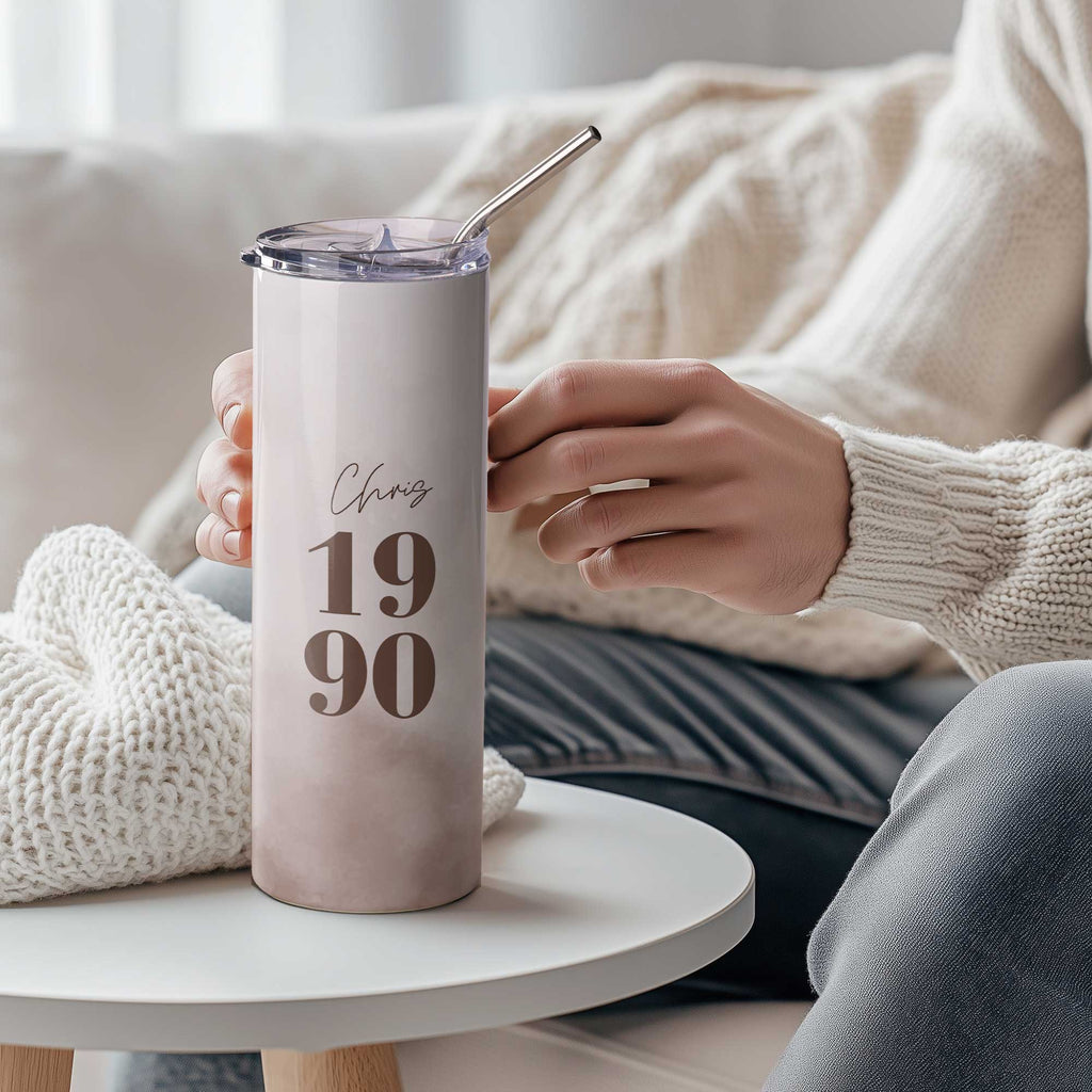 Name & Year Brown Watercolor - Stainless Steel Skinny Tumbler With Straw - GOTShirts