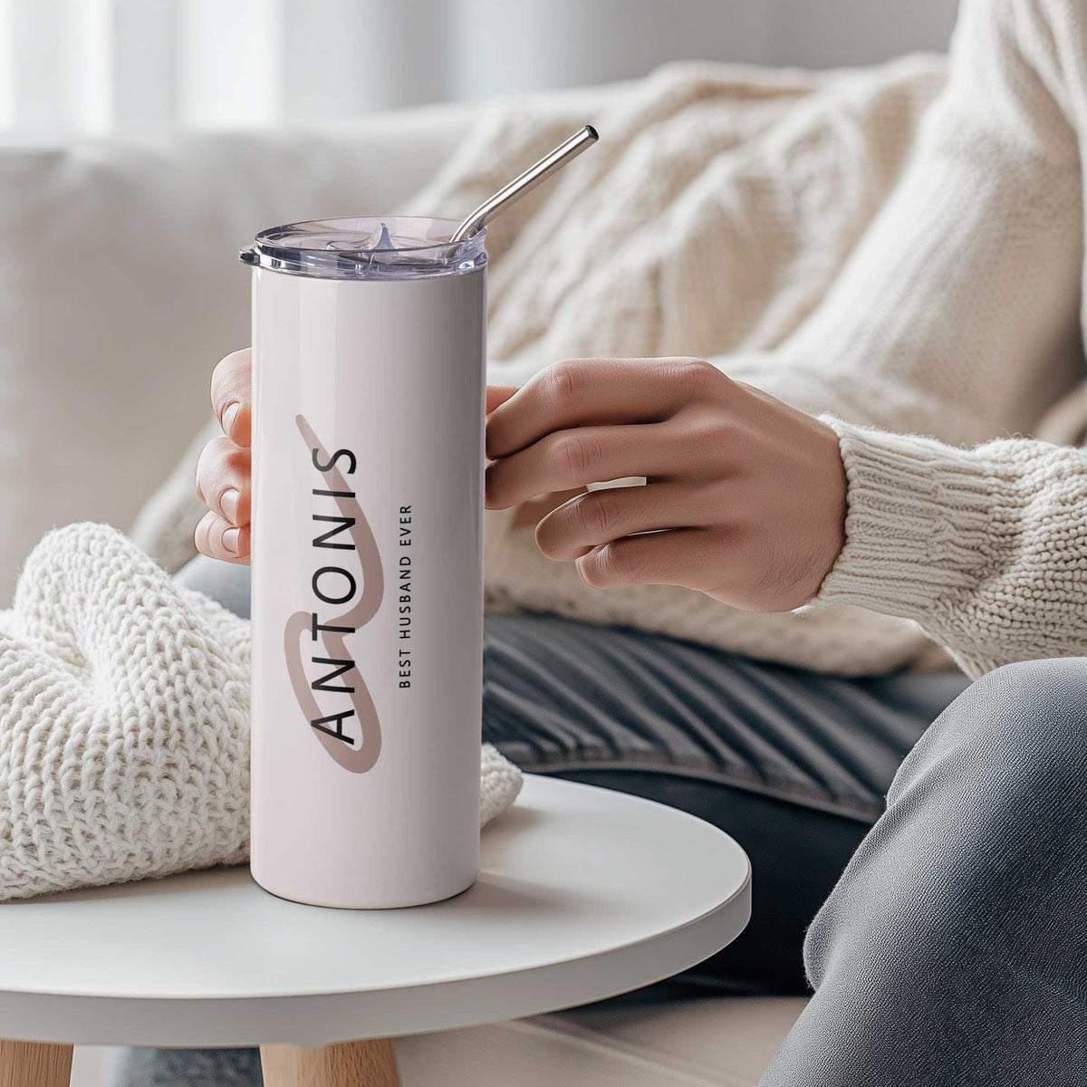 Beige Initial - Stainless Steel Skinny Tumbler With Straw - GOTShirts