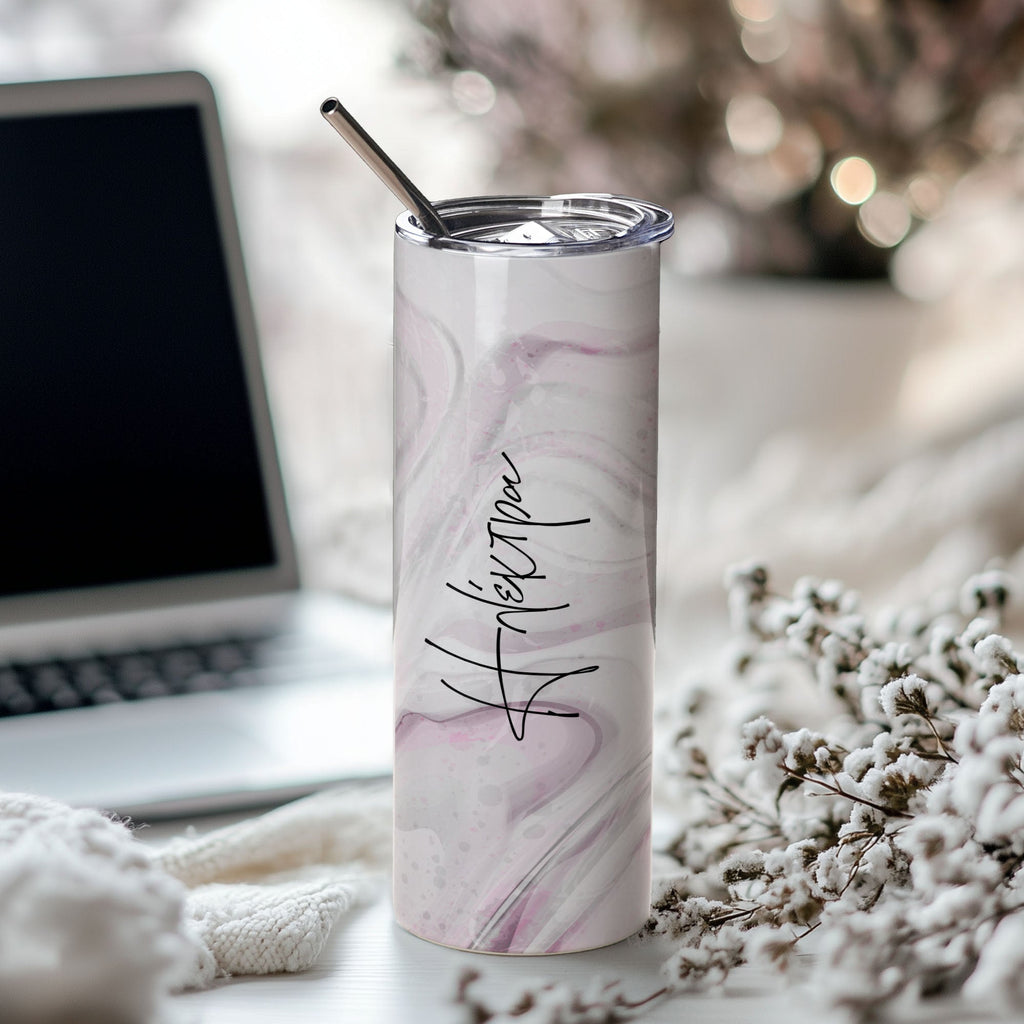 Pink Marble - Stainless Steel Skinny Tumbler With Straw - GOTShirts
