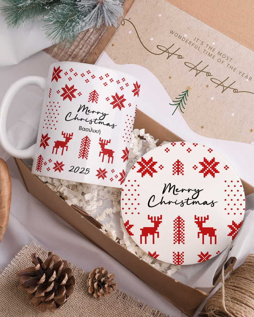 Merry Christmas Red Pattern - Ceramic Mug 11oz & Coaster Gift Box - GOTShirts