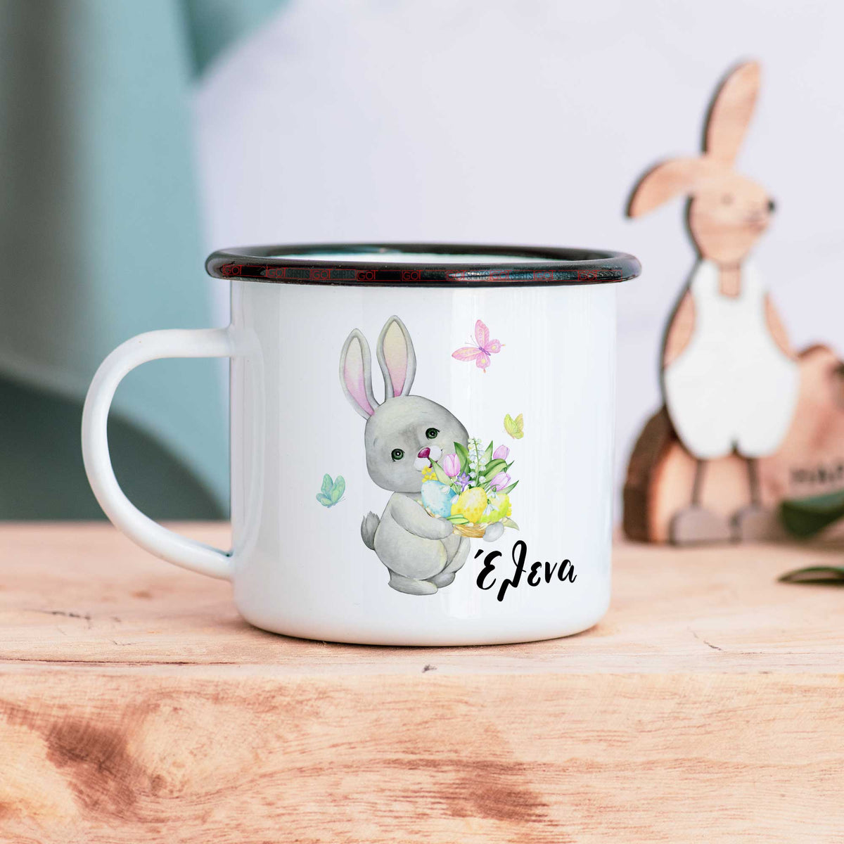 Cute Flower Gray Bunny - Enamel Mug - GOTShirts