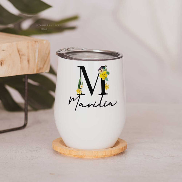 Flowers, Name & Letter - Stainless Steel White Mug - GOTShirts