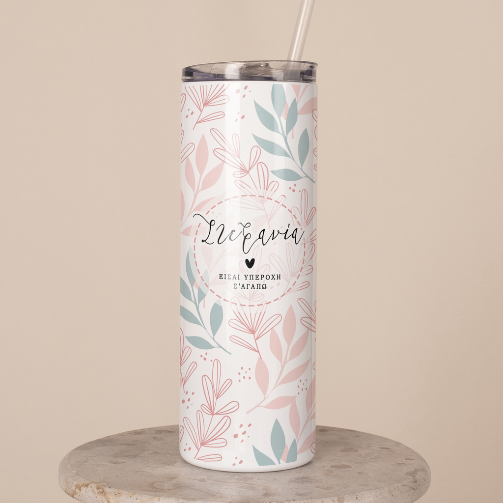 Pink Flowers - Stainless Steel Skinny Tumbler With Straw